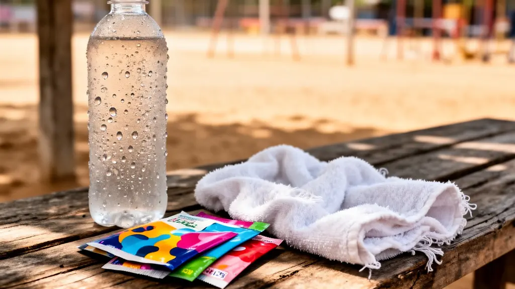 Une bouteille d'eau et des sachets d'électrolytes posés sur un banc en bois à l'ombre d'un camp de Muay Thai tropical, avec la chaleur visible en arrière-plan.