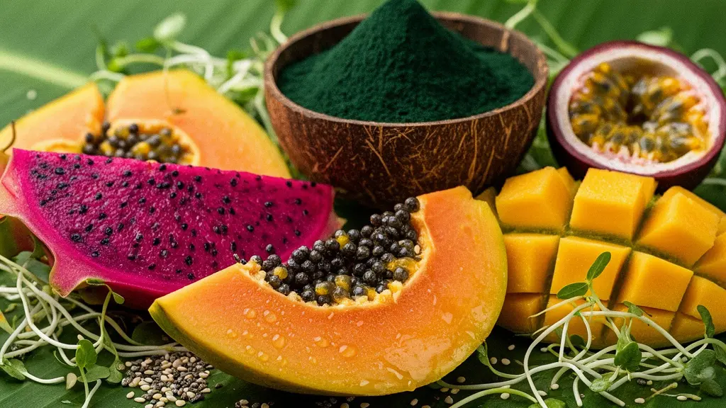 Gros plan de fruits tropicaux frais coupés et de pousses germées disposés sur une feuille de bananier, ambiance cuisine raw food thaïlandaise