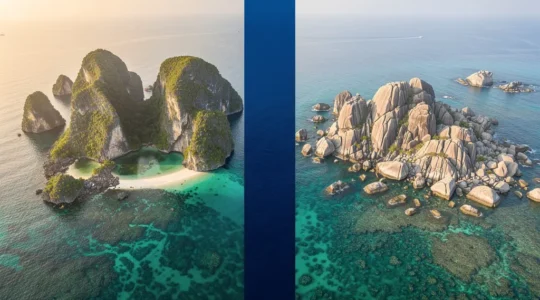 Vue aérienne comparée de deux archipels tropicaux aux eaux turquoises avec récifs visibles sous la surface