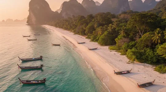 Longue plage déserte bordée de jungle tropicale avec des îles karstiques à l'horizon sous un ciel doré en mer d'Andaman