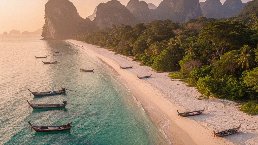 Longue plage déserte bordée de jungle tropicale avec des îles karstiques à l'horizon sous un ciel doré en mer d'Andaman
