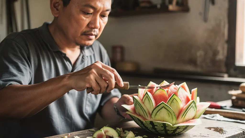 Artisan en train de sculpter une pastèque en forme de lotus, avec des copeaux de fruit sur une table.