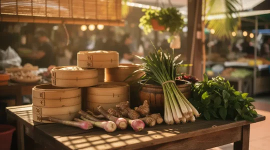 Atelier de cuisine thaïlandaise dans un marché traditionnel de Chiang Mai avec des ingrédients frais disposés
