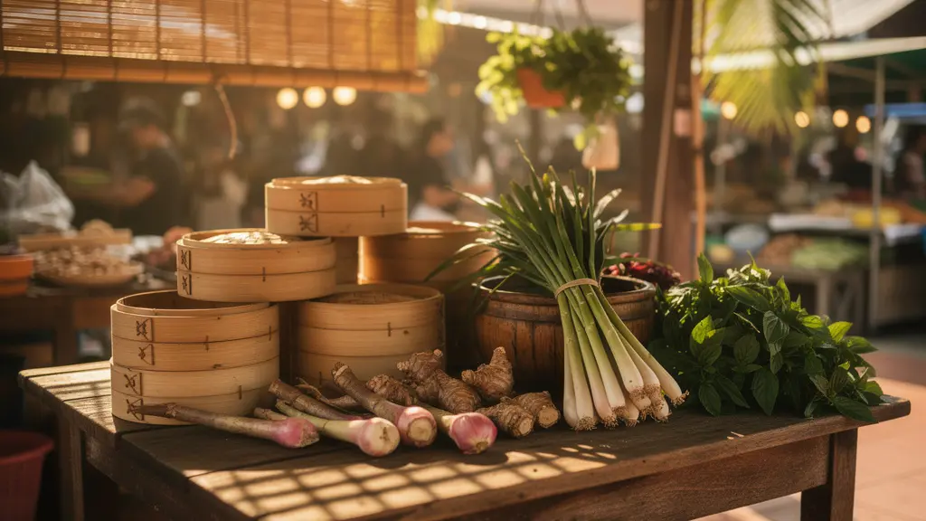 Atelier de cuisine thaïlandaise dans un marché traditionnel de Chiang Mai avec des ingrédients frais disposés