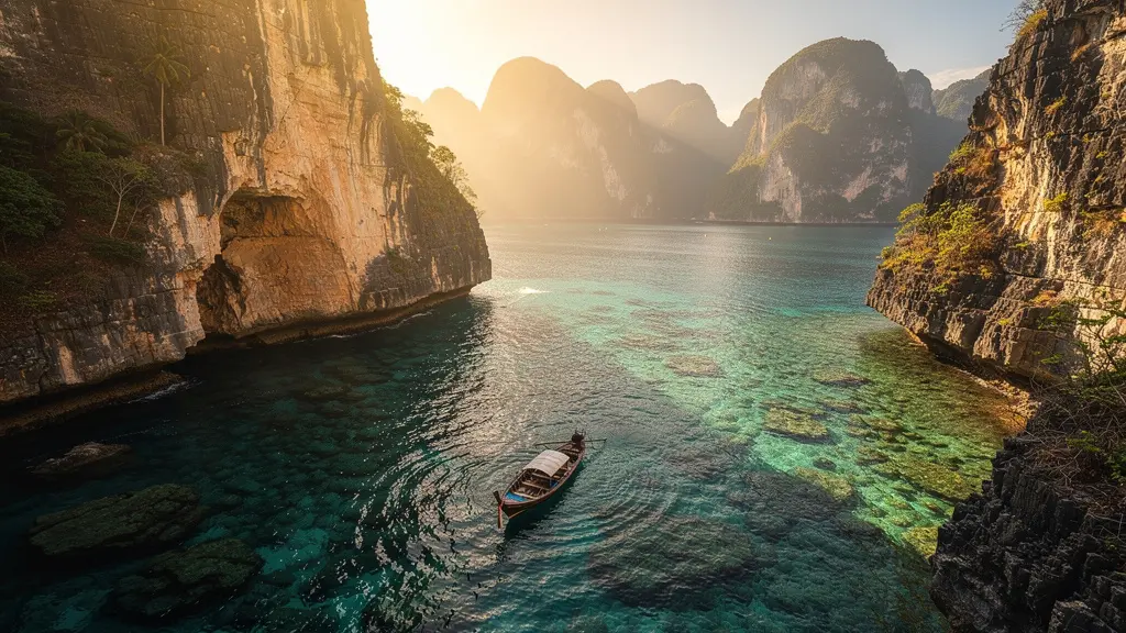 Baie tropicale déserte avec falaises calcaires baignées de lumière dorée et un unique bateau traditionnel ancré dans les eaux turquoises