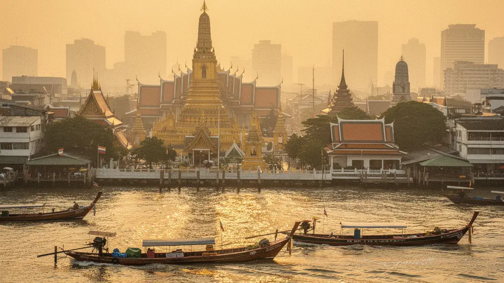 Vue panoramique du fleuve Chao Phraya à Bangkok avec les temples dorés et les bateaux traditionnels sous la brume de chaleur