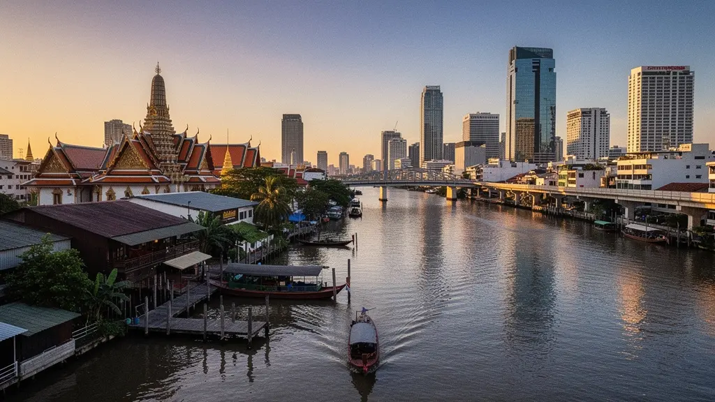 Vue panoramique contrastant le fleuve Chao Phraya bordé de temples dorés et les gratte-ciel modernes de Sukhumvit à Bangkok au crépuscule