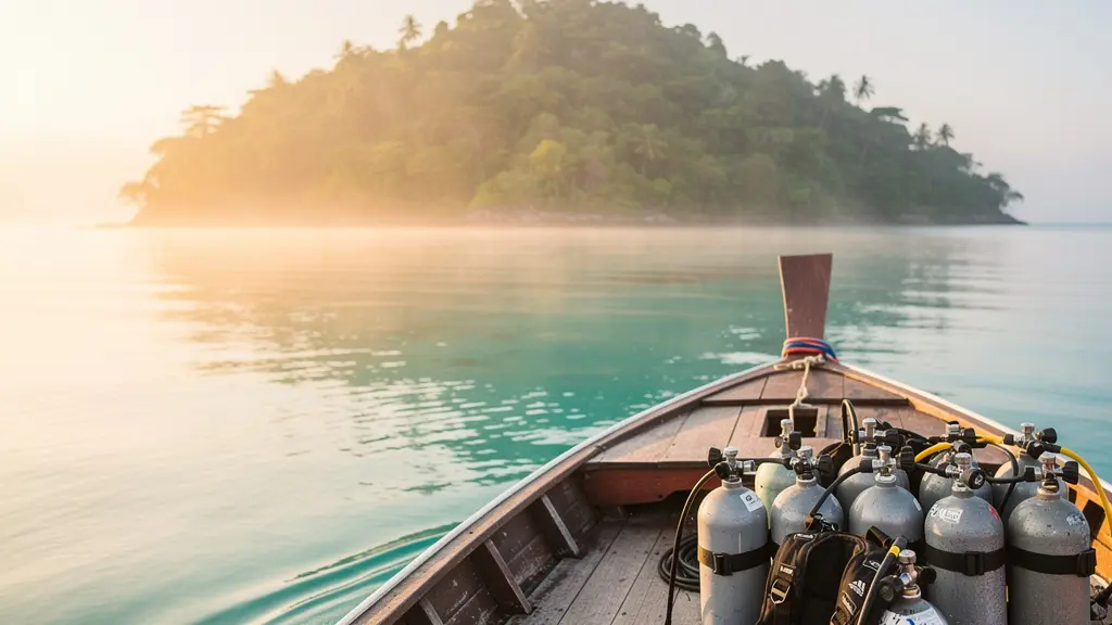 Équipement de plongée aligné sur le pont d'un bateau au petit matin à Koh Tao, avec la mer turquoise et les collines tropicales en arrière-plan
