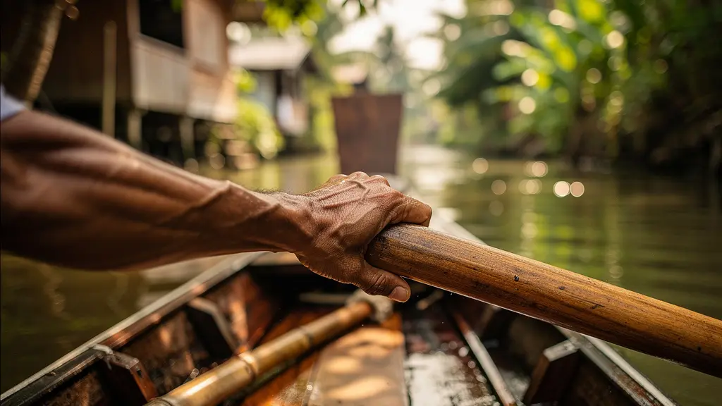 Barque traditionnelle à rame naviguant paisiblement entre les maisons sur pilotis