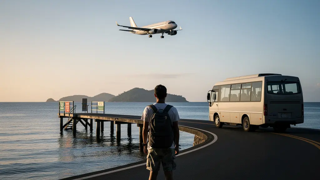 Vue panoramique d’un littoral tropical avec un petit embarcadere, un bus sans marque sur une route cotiere et un avion au loin, illustrant un trajet multimodal vers des iles.