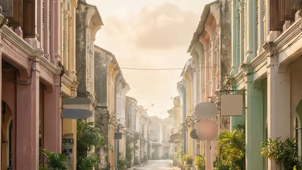 Façade colorée d'un boutique-hôtel patrimonial de style sino-portugais avec arcades et volets en bois dans une ruelle historique baignée de lumière dorée