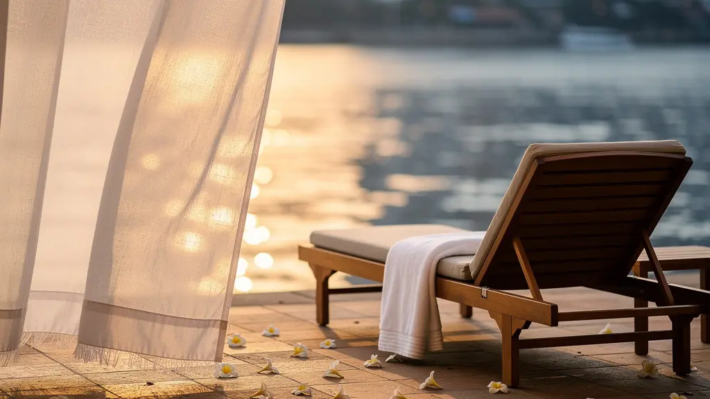 Terrasse d'hôtel au bord du fleuve Chao Phraya à Bangkok avec une brise faisant onduler les rideaux de voile blanche au crépuscule