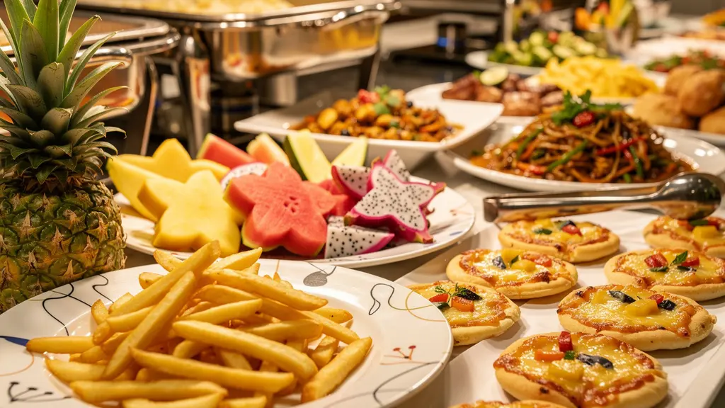 Buffet de resort thaïlandais avec section dédiée aux enfants et plats occidentaux
