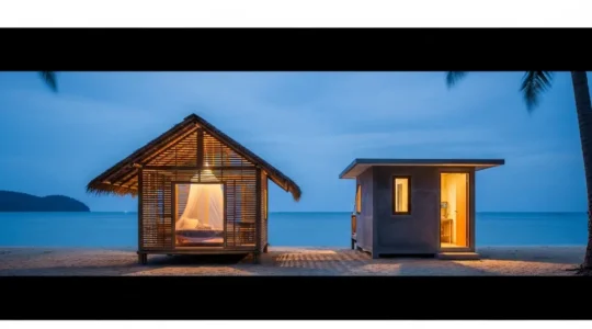 Deux bungalows sur une plage au coucher du soleil, l’un en bambou aéré et l’autre en béton, suggérant deux ambiances de confort pour la nuit.