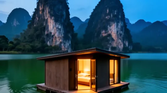 Cabane flottante confortable sur le lac Cheow Lan au crépuscule, eau émeraude et montagnes karstiques en arrière-plan, avec un grand espace de ciel dégagé pour le texte de mise en page.