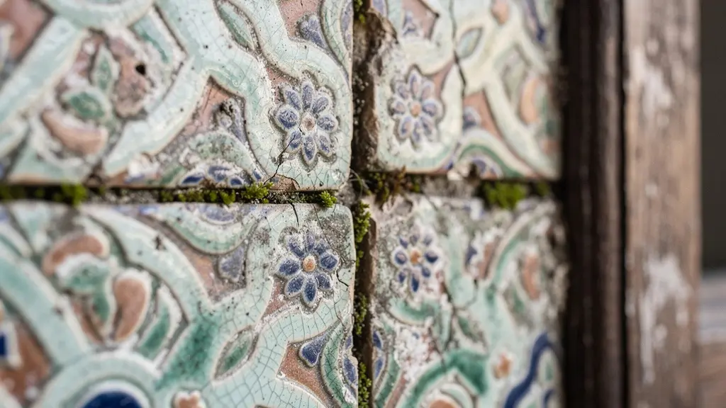Détail macro de carreaux en céramique Majolica aux motifs floraux sur la façade d'une shophouse sino-portugaise à Phuket