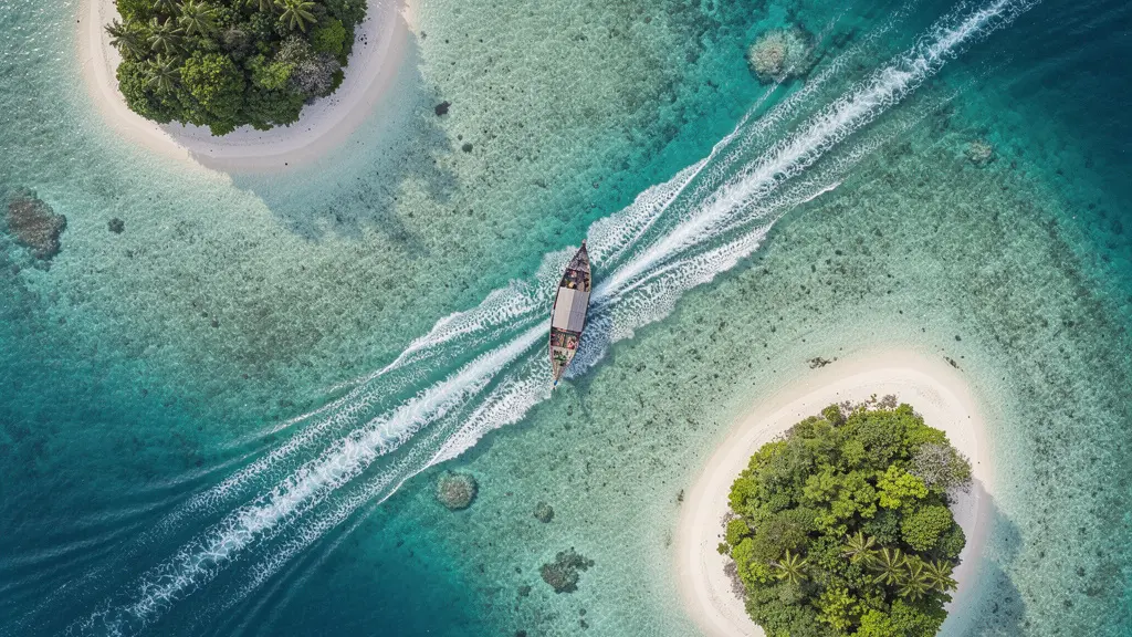 Vue aérienne d'un bateau traditionnel naviguant entre des îles tropicales en mer turquoise