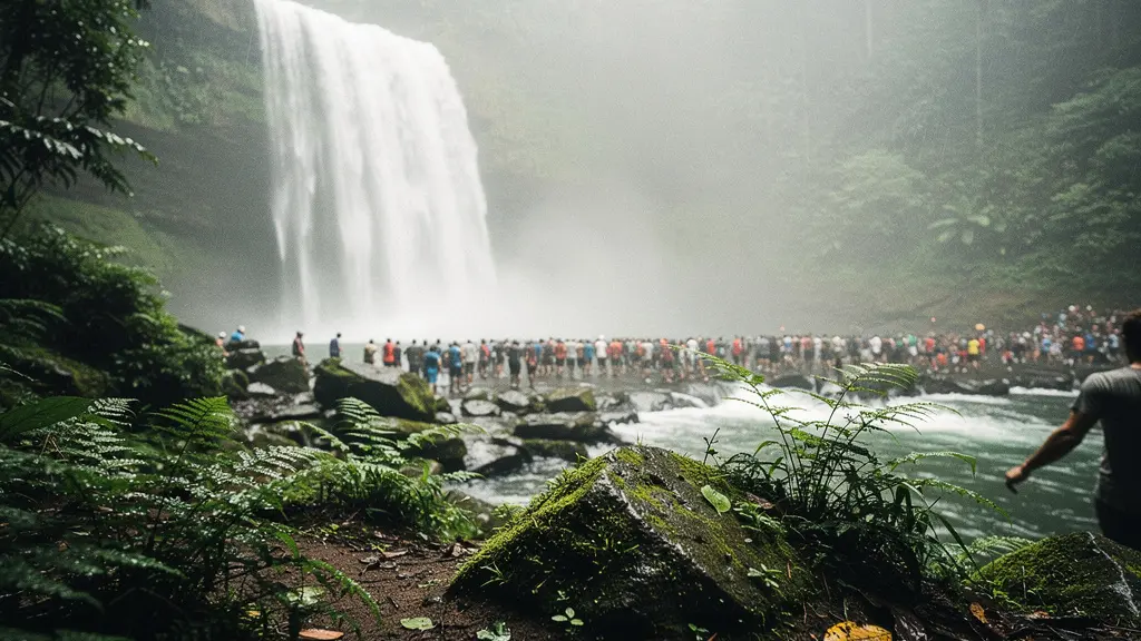 Une grande cascade tropicale vue de loin, avec des silhouettes humaines floues et un espace de forêt silencieuse au premier plan.
