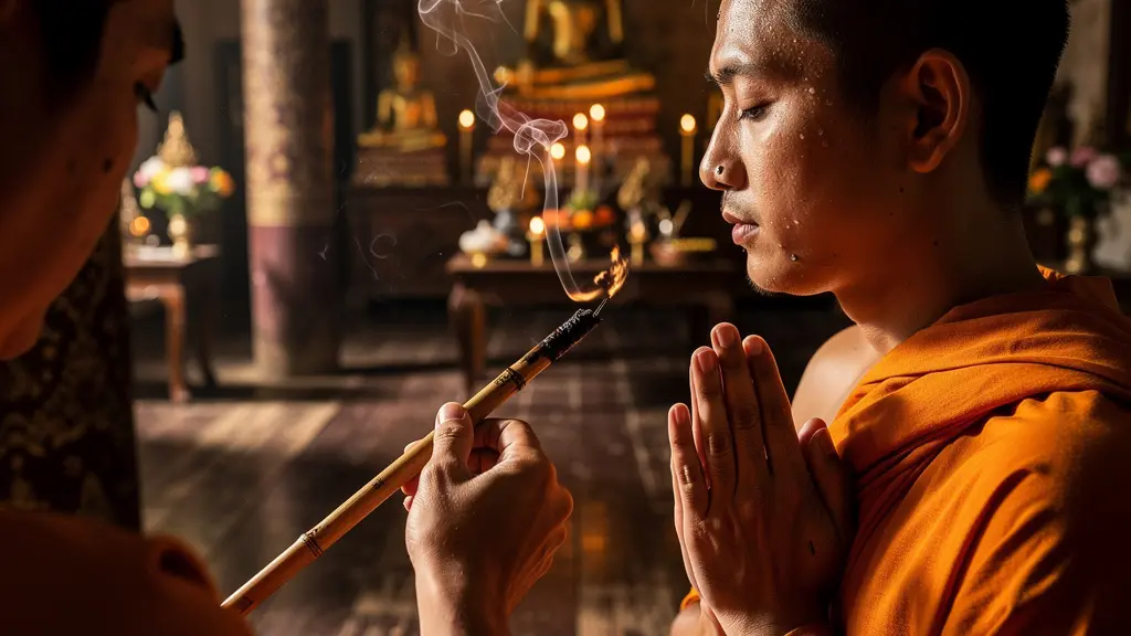 Cérémonie traditionnelle de tatouage sacré Sak Yant dans un temple bouddhiste