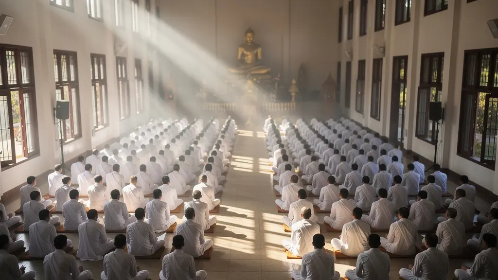Cérémonie de Wan Phra avec fidèles vêtus de blanc dans un temple