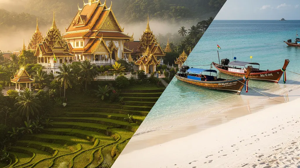 Vue aérienne contrastant temples dorés du nord et plages paradisiaques du sud de la Thaïlande