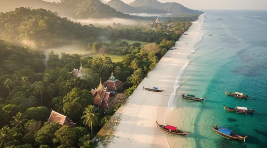 Vue aérienne contrastée montrant les montagnes verdoyantes du Nord et les plages turquoise du Sud de la Thaïlande