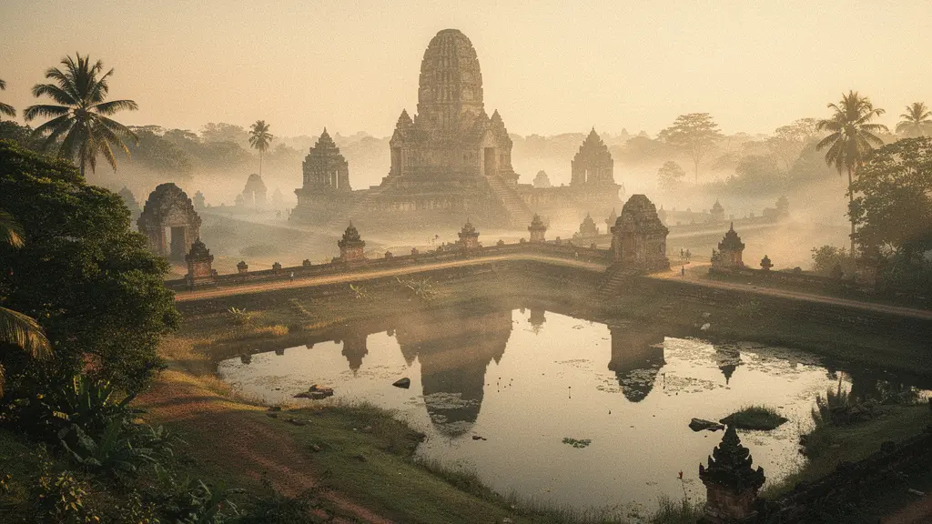 Vue aérienne d'un temple ancien au lever du soleil avec brume matinale sur les ruines