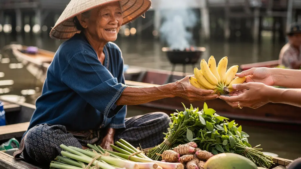 Rangée de barques en bois chargées de fruits et légumes frais sur un canal calme d'un petit marché flottant thaïlandais, avec des maisons traditionnelles en arrière-plan, illustrant l'authenticité d'un marché de proximité