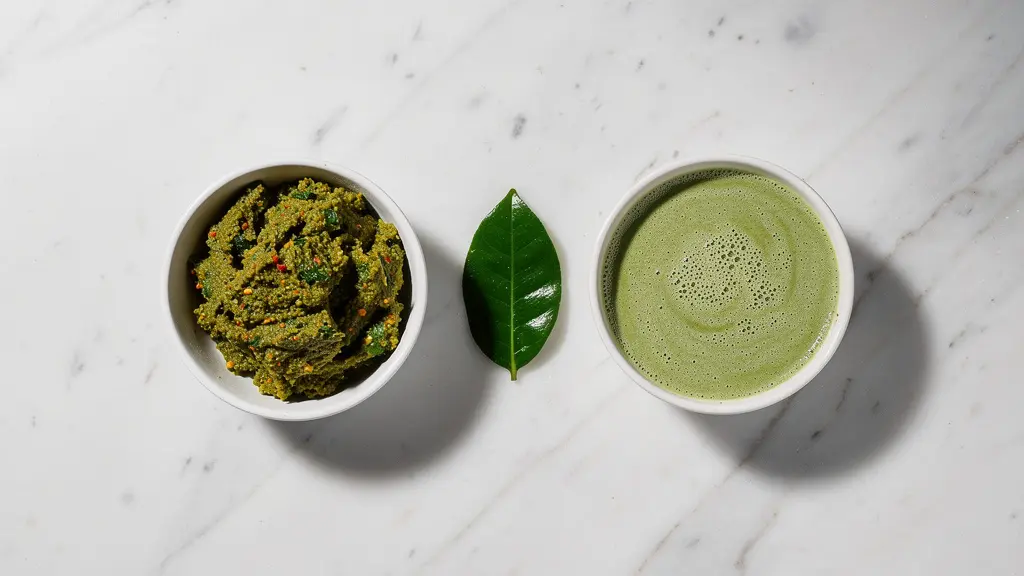 Comparaison visuelle de textures de pâte de curry pilée au mortier versus mixée