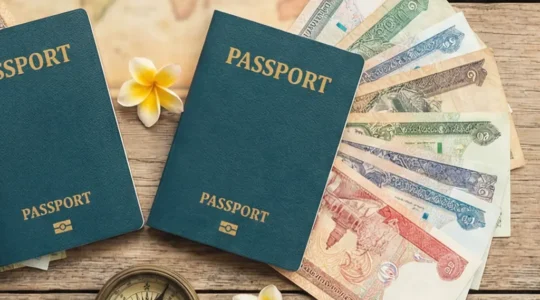 Deux passeports posés sur une carte d'Asie du Sud-Est avec des billets de monnaie locale, symbolisant le choix entre plateformes de réservation hôtelière
