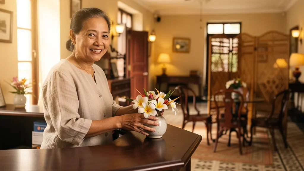 Un membre du personnel d'un boutique-hôtel patrimonial préparant une attention personnalisée dans un hall orné de mobilier d'époque