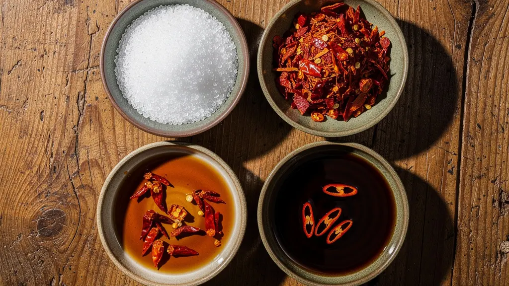 Vue plongeante sur quatre petits bols de condiments thaïlandais disposés en carré