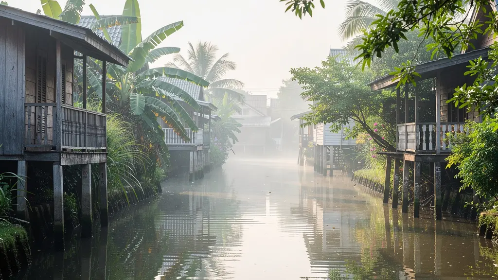 Canaux paisibles de Thonburi avec maisons traditionnelles sur pilotis et végétation luxuriante
