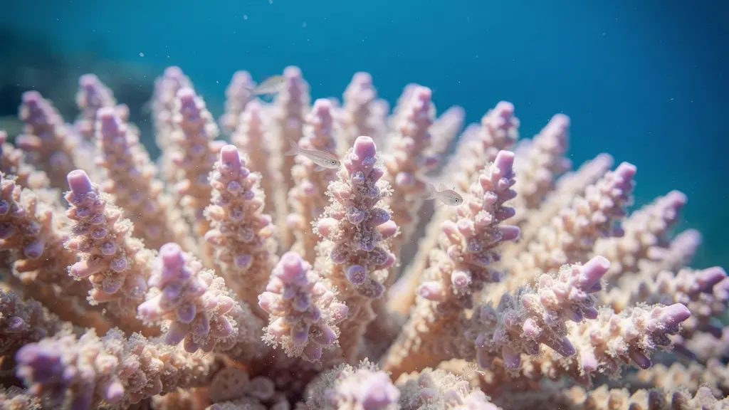 Gros plan macro sur corail branchu Acropora avec polypes colorés visibles
