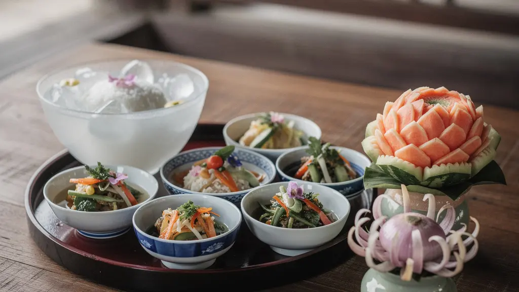 Table de cuisine royale thaïe avec assortiment de petits plats raffinés, riz parfumé et fruits sculptés en fleurs, éclairage naturel et espace négatif pour une mise en page.
