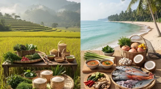 Vue aérienne des différentes régions culinaires de Thaïlande avec leurs spécialités emblématiques