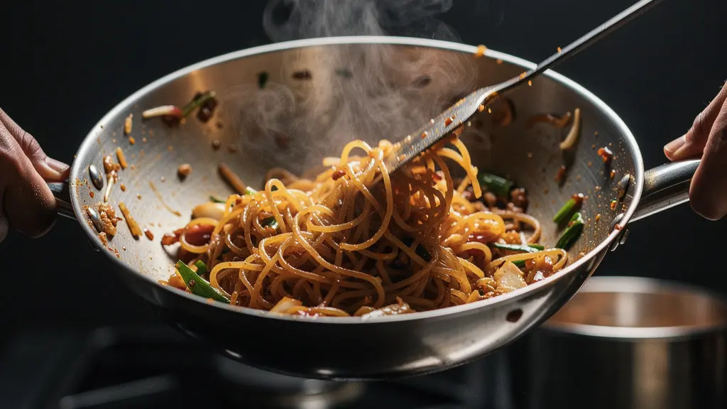 Gros plan d'un wok très chaud avec des nouilles sautées et de la vapeur, illustrant la cuisson minute à haute température.