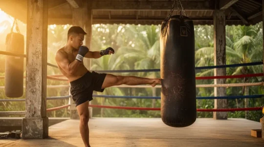 Un pratiquant débutant de Muay Thai s'entraînant face à un sac de frappe dans un camp ouvert en Thaïlande, baigné de lumière dorée matinale.