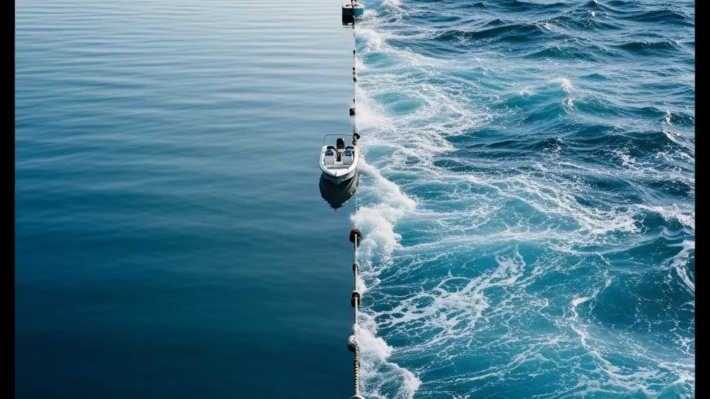 Scène symbolique montrant une séparation entre mer calme et mer agitée, avec un petit bateau hésitant avant la zone de vagues.