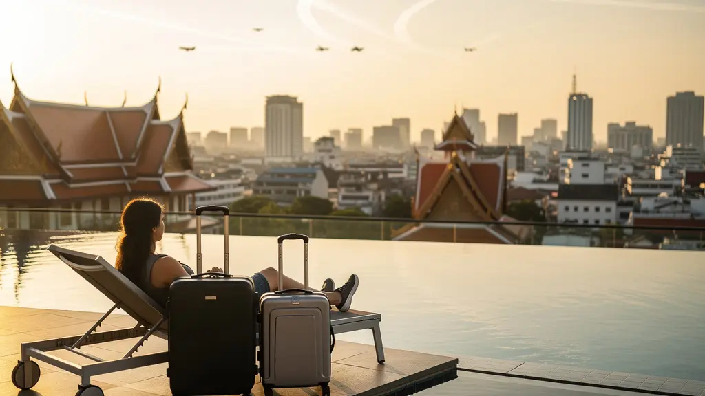 Scène de détente dans un hôtel avec piscine près de l'aéroport de Bangkok au coucher du soleil