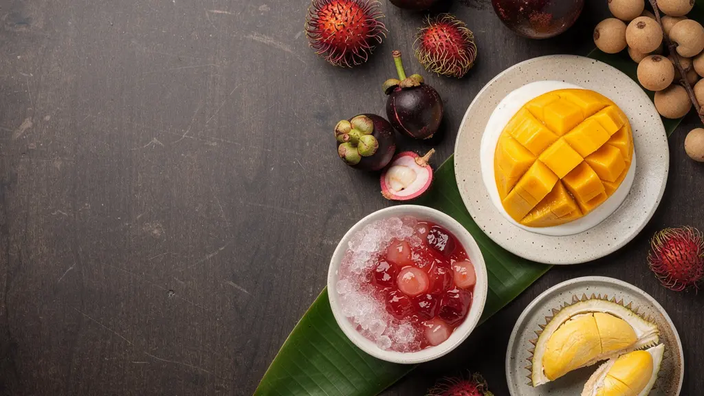 Assortiment de desserts thaïs aux fruits sur une table, avec un espace vide pour le titre.