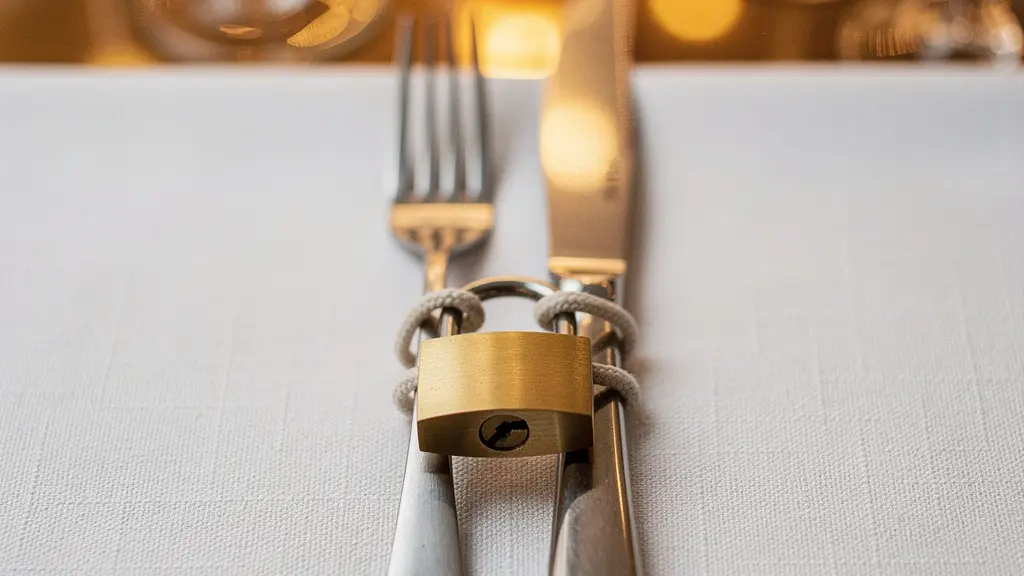 Gros plan sur des couverts de table élégants attachés ensemble, symbolisant un dîner de gala imposé.