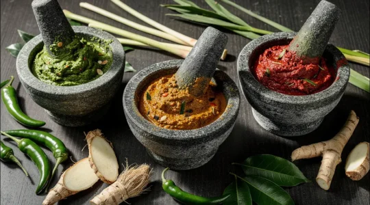 Différentes pâtes de curry thaïlandais disposées en dégradé coloré du vert au rouge