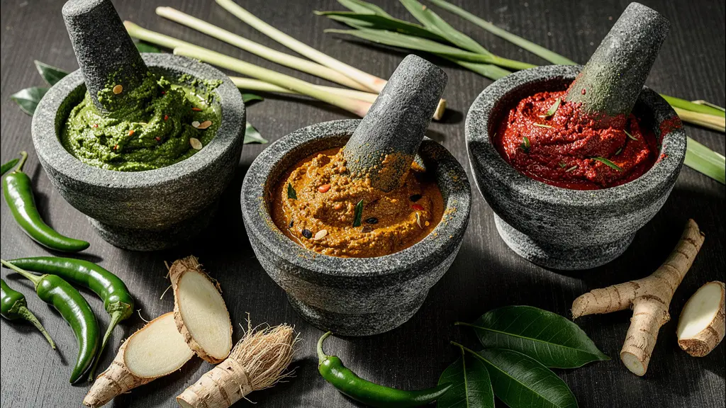 Différentes pâtes de curry thaïlandais disposées en dégradé coloré du vert au rouge