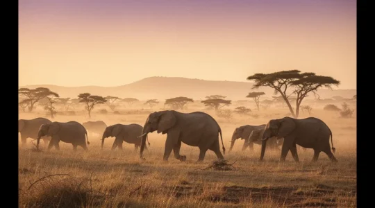 Troupeau d'éléphants traversant une clairière dans un parc national au lever du soleil