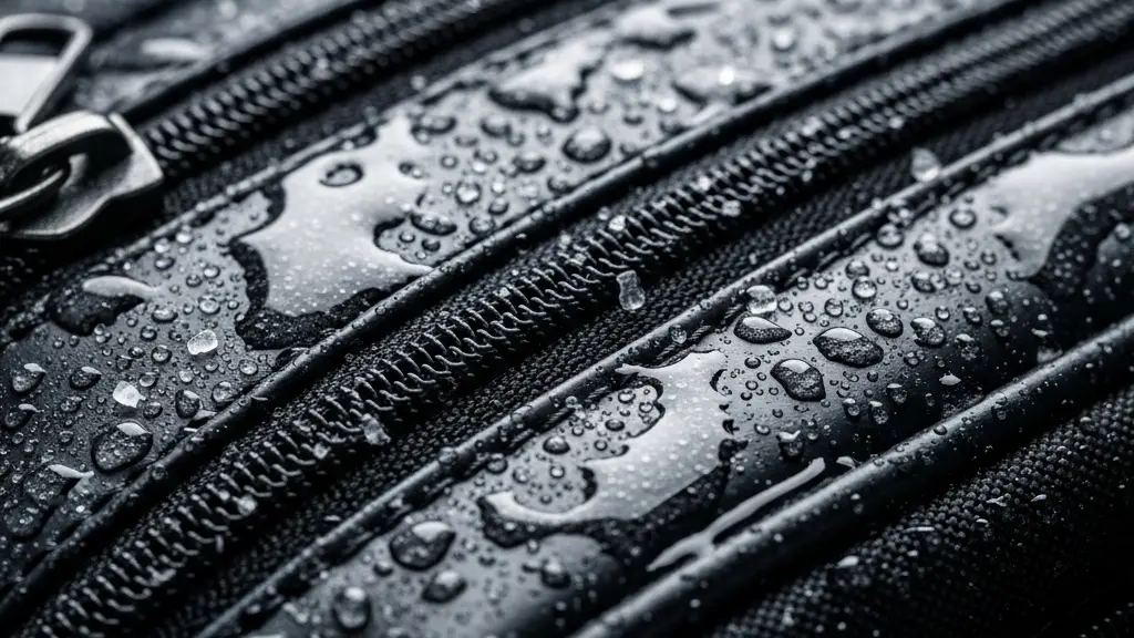 Gros plan de gouttes d'eau salée et de cristaux de sel sur une fermeture éclair et des coutures de sac, suggérant une infiltration.