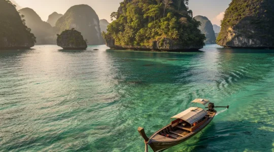 Vue aérienne d'un longtail boat traditionnel naviguant sur des eaux turquoises cristallines entre des îlots rocheux verdoyants