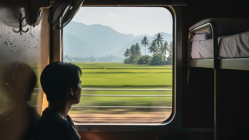 Vue depuis la fenêtre d'un train traversant les paysages changeants de la Thaïlande, entre rizières et montagnes.