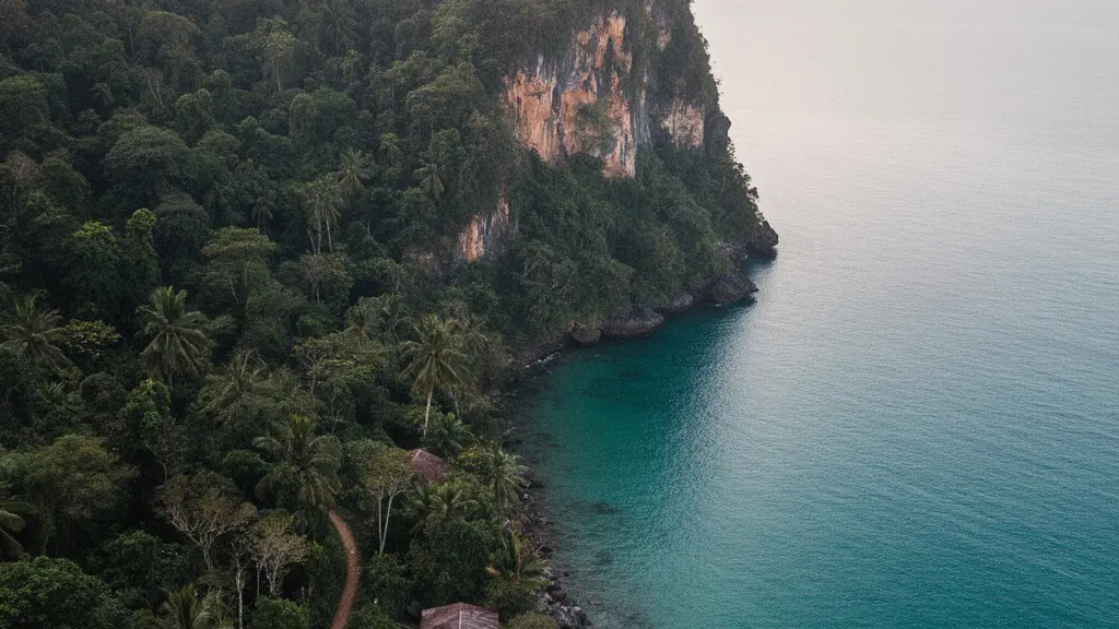 Falaises verdoyantes de la côte ouest de Koh Phangan surplombant une baie turquoise isolée entourée de jungle tropicale dense