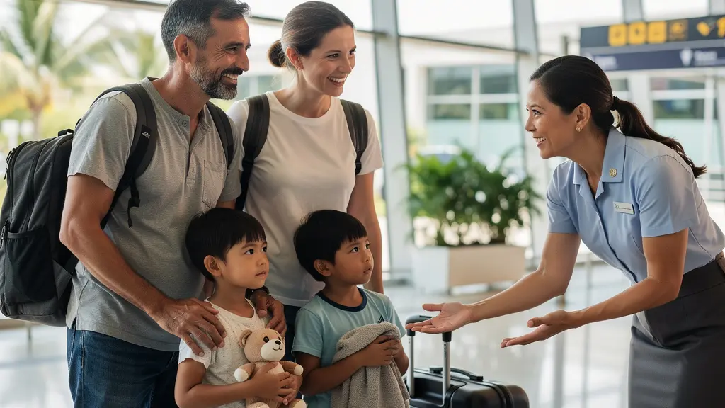 Famille française avec enfants à l'aéroport de Phuket avec accompagnateur